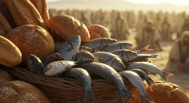 Close of bread and fish symbolizing Jesus Christ&rsquo;s miracle and multiplication