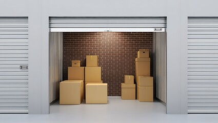 Open self storage unit filled with cardboard boxes, modern blue interior, secure rental space concept, warehouse organization, moving logistics, safety, privacy, realistic 3D rendering illustration.