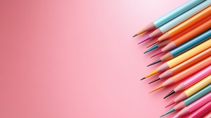 Fototapeta premium This delightful image showcases a collection of vibrant colored pencils arranged in a beautiful line on a pink background, inspiring creativity and artistic expression in a playful way.