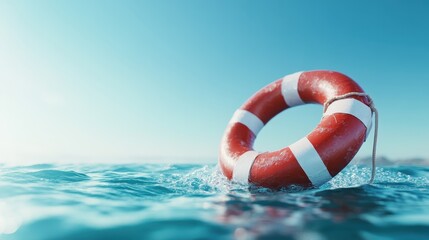 Naklejka premium A bright orange and white lifebuoy floats on the clear, sparkling surface of the ocean, symbolizing safety and rescue while evoking a sense of summer adventure and fun.