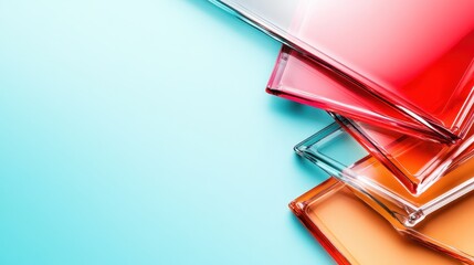 A collection of vibrant, stacked glass plates in various colors rests against a soft pastel background, showcasing bold hues and smooth textures for a modern, artistic touch.
