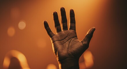 Close of a raised hand in crowd worshiping Christ Jesus with faith and devotion. Worshiping God