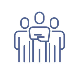 Team communication and collaboration icon with group of people and message bubble, teamwork, discussion, corporate interaction line isolated on white background flat vector illustration.