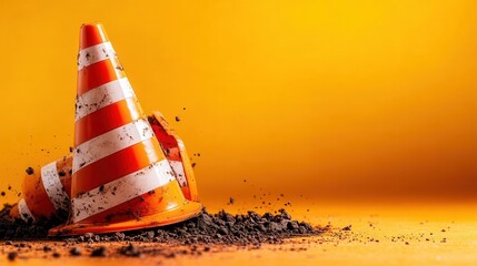 A pair of orange construction cones with white stripes surrounded by scattered dirt, set against a bold yellow background that emphasizes the construction theme.