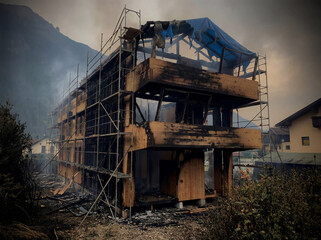 A burned wooden house under construction after an arson attack. The building is surrounded by scaffolding, with charred timber walls, damaged balconies, and a partially collapsed roof.