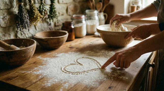 finger drawing a heart shape in flour on a wooden table while baking
