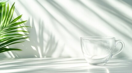 A minimalist scene featuring a clear glass cup against a plain backdrop, highlighted by shadows cast from a palm, emphasizing simplicity and elegance in design.