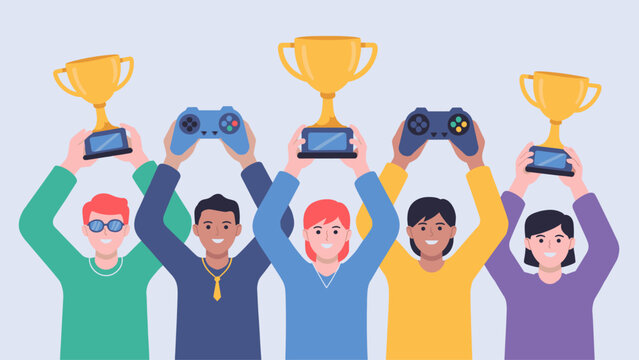 diverse group of gamers celebrating with trophies and controllers vector illustration - Powered by Adobe