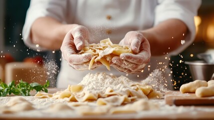 Hands of a chef expertly shaping fresh pasta on a floured surface, showcasing skill and dedication in culinary arts, with a focus on the dough's texture and form.