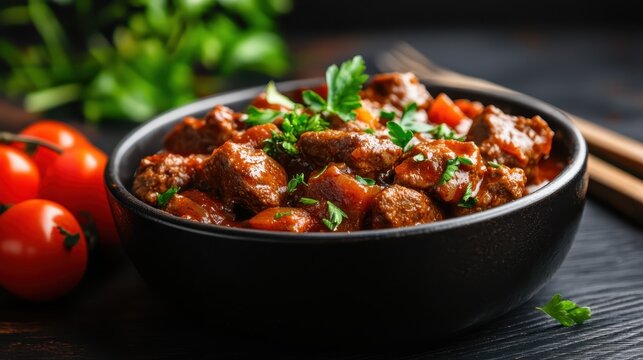 A mouthwatering bowl of beef stew, richly colored with fresh vegetables and herbs, represents comfort food, warmth, and nourishment, inviting us to share a meal with loved ones.