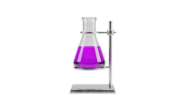 Erlenmeyer flask with purple liquid on a retort stand