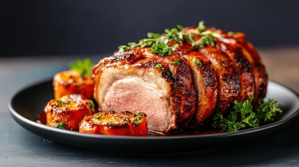 Hearty roast beautifully arranged with vibrant garnished vegetables, offering a flavorful dining experience, perfect for family gatherings or a special celebration at home.