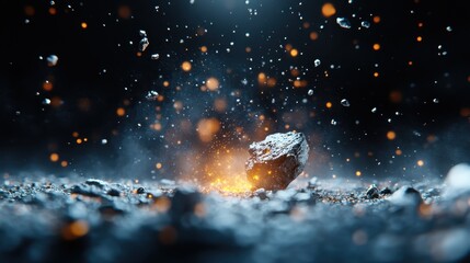 A stunning visual of rock fragments and dust captured in an explosive moment, symbolizing chaos and energy in a captivating manner, perfect for abstract artistic exploration.