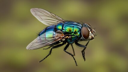 Macro Photography of Metallic Green Bottle Fly with Detailed Wings