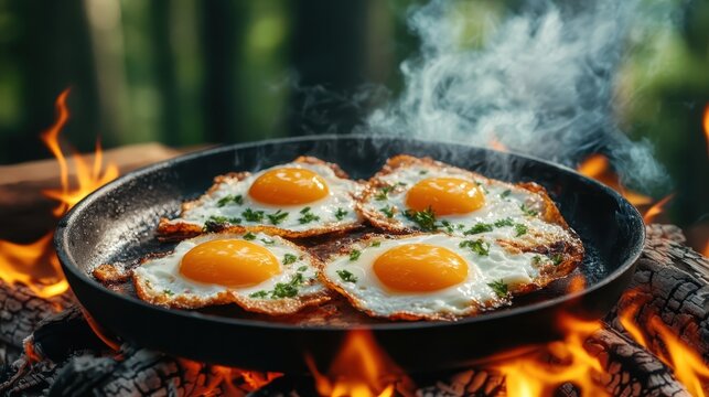 Golden fried eggs sizzling in a black pan over a warm campfire, symbolizing comfort, warmth, and the joy of cooking in nature with friends and family. - Powered by Adobe
