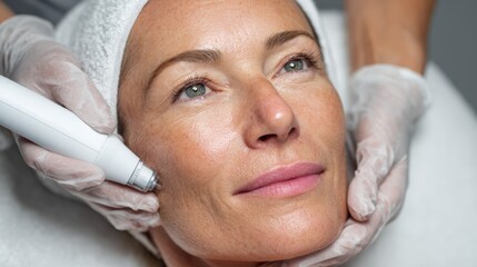 Medium shot of a woman receiving a nonsurgical facelift using microcurrent therapy highlighting painless lifting and contouring effects on her face.