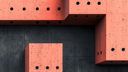 Brutalist architectural design with salmon pink geometric blocks on dark concrete wall background.