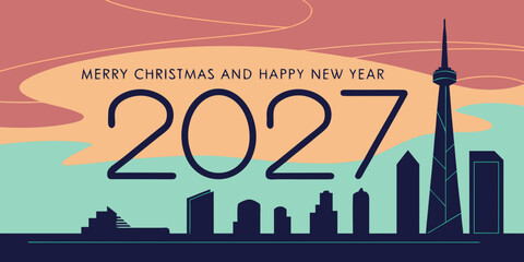 Obraz premium USA, US, U.S, United States - Happy new year 2027 festive cityscape with colorful sky vector art modern city graphic design holiday season abstract sky illustration greeting