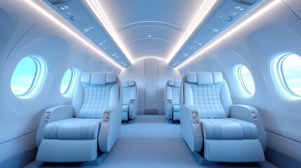 Fototapeta premium This image beautifully highlights an elegant airplane cabin interior featuring luxury recliners, showcasing comfort and modern design in an airy, spacious environment.