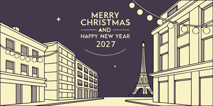 USA, US, U.S, United States - Merry christmas and happy new year 2027 illustration with parisian street view and eiffel tower at night christmas greeting buildings architecture

