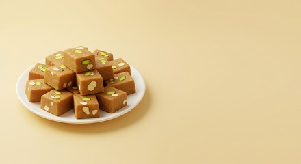 Traditional Indian Barfi Fudge Sweets with Pistachios and Almonds on a White Plate with Copy Space