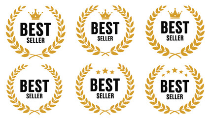 Obraz premium Golden best seller badge collection with laurel wreaths and crown icons