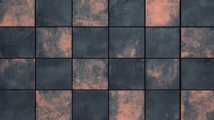 Distressed industrial square tiles in dark grey and copper orange metallic finish, weathered pattern.