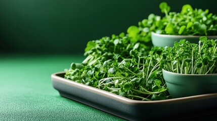 An artistic arrangement of lush microgreens showcased in elegant bowls, embodying freshness and vitality, ideal for culinary enhancement or healthy eating.