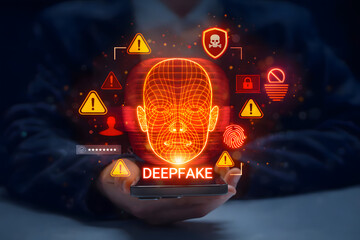 Warning concept of deepfake technology and facial recognition misuse, showing cybersecurity threats, digital identity fraud, and the risks of AI-generated face manipulation in online systems.