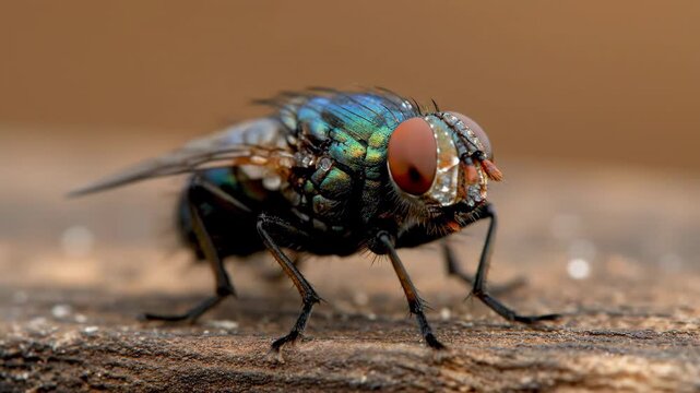 Close-up macro photograph of a bluebottle fly, showcasing its red eyes and iridescent body on a brown wooden surface. Features intricate details of nature.