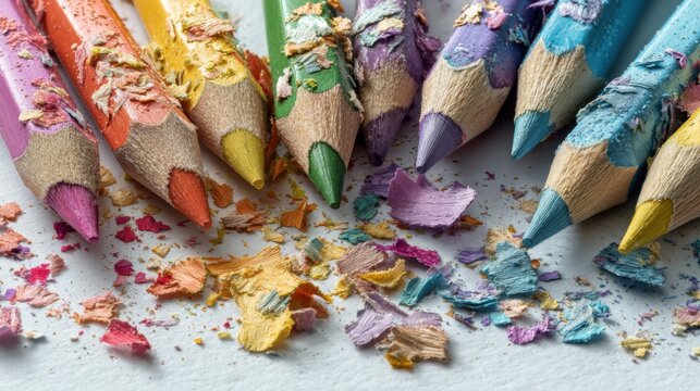 Colorful pencil shavings and sharpened tips scattered - Powered by Adobe