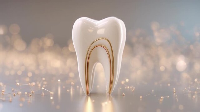 A pristine tooth stands upright on a reflective surface, glowing amid soft sparkles, with pale glow