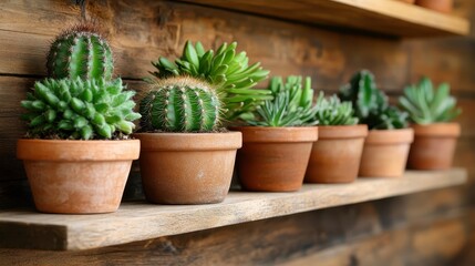 A vibrant collection of diverse cacti plants in terra cotta pots displayed on a rustic wooden shelf, perfect for adding a touch of nature to any indoor setting or decor.