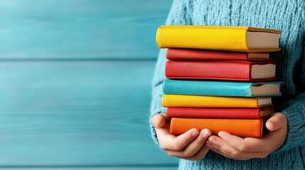 Two hands grasp a vibrant stack of colorful books against a soothing turquoise backdrop, symbolizing knowledge, education, and the joy of reading in a serene environment.