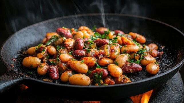 A sizzling pan of mixed beans with herbs cooking on a hot stove, capturing the essence of hearty, healthy, and flavorful cooking in a rustic setting.