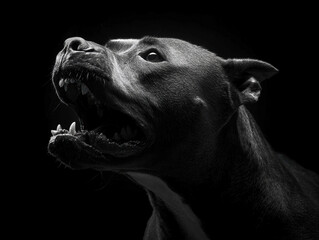 Fototapeta premium A black and white pit bull dog with metal teeth is depicted mid-bark or pant, positioned dramatically against a dark backdrop The images focus is on the dogs intensely lit, shadowy f - AI-Generated