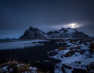 Vestrahorn Mountain Under Moonlight - A Dramatic Icelandic Landscape.