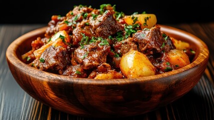 A delicious beef stew packed with tender meat, hearty potatoes, and fresh herbs, perfect for warming up during cold weather or enjoying a family dinner together.