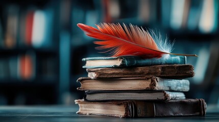 A stack of vintage books with a beautiful quill resting on top, evoking a sense of nostalgia, creativity, and inspiration for writers and readers alike.