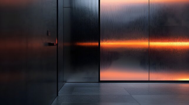 Modern dark interior with a textured glass wall illuminated by a warm orange glowing light in a luxury building lobby. - Powered by Adobe