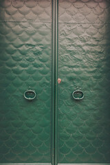 Two green double doors with round handles stand closed. The doors have a textured design and show signs of wear. The time is afternoon, and the setting is in an urban area with soft lighting