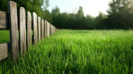 Fototapeta premium A serene view of vibrant green grass bordered by a rustic wooden fence, capturing the tranquility of nature in an idyllic outdoor setting with soft sunlight.