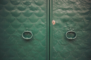 A green door stands closed in an urban area. The door features metal handles shaped like rings. A keyhole is visible in the center, adding to its design. The surface has a textured pattern