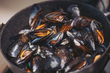 Fresh mussels are being cooked in a black pot on a stove. Steam is rising as the shellfish prepare for a meal. The scene shows an active kitchen environment during the early afternoon