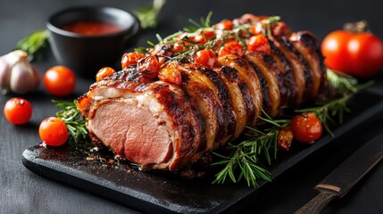 A beautifully presented succulent roast accompanied by cherry tomatoes, creating a stunning visual feast on a rustic black slate, perfect for food photography.