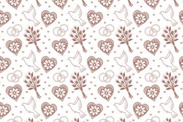 Seamless Hand-Drawn Floral Heart Pattern with Leaves and Doves in Minimal Folk Style