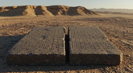 Close of the Ten Commandments stone tablets carved in marble, symbolizing God's law