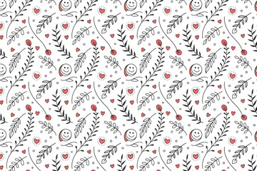 Seamless Hand-Drawn Heart Pattern with Arrows, Leaves, and Love Doodles in Black and Red