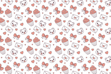 Seamless Cute Valentine Pattern with Smiling Hearts, Cupcakes, and Love Icons
