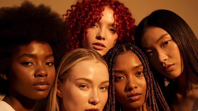 A diverse group of young women pose together with different hairstyles in warm lighting against a neutral backdrop, showcasing beauty and fashion.